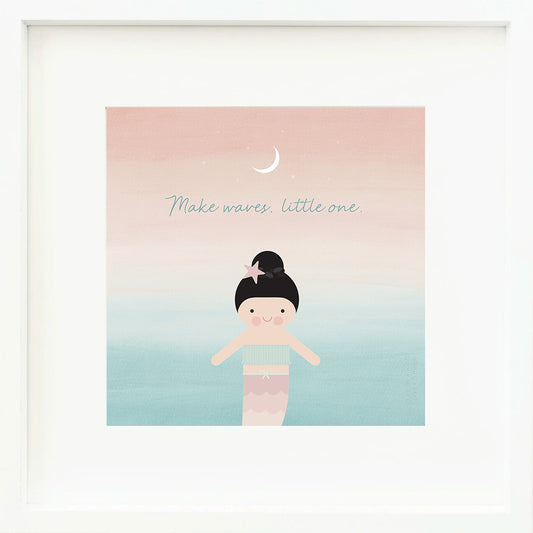 An inspirational print with a graphic of Luna the mermaid and the words “Make waves, little one” in blue. The background has a blue and pink gradient pattern and a moon icon.