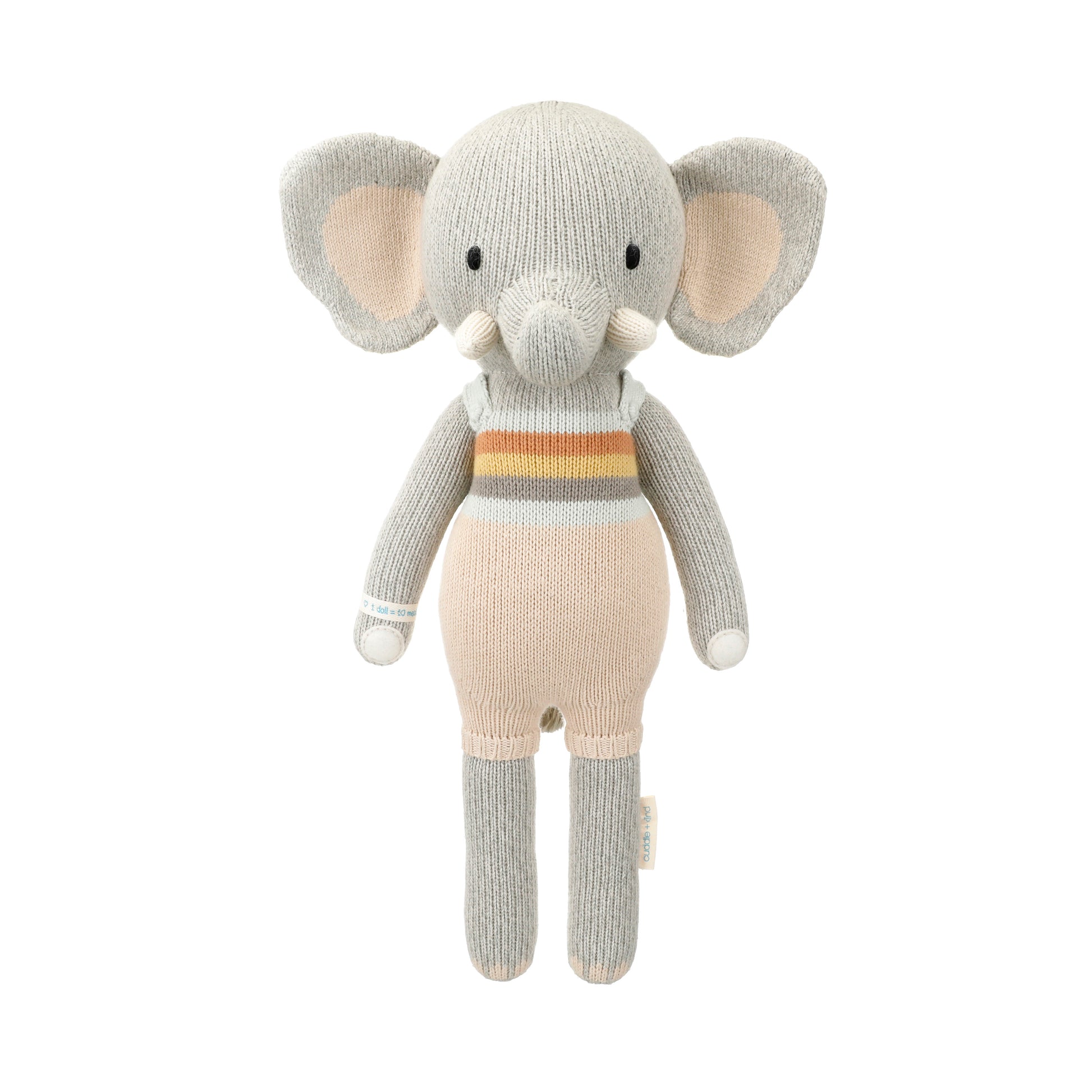 Evan the elephant shown from 360°. Evan is wearing peach overalls with rainbow stripes on the top part.