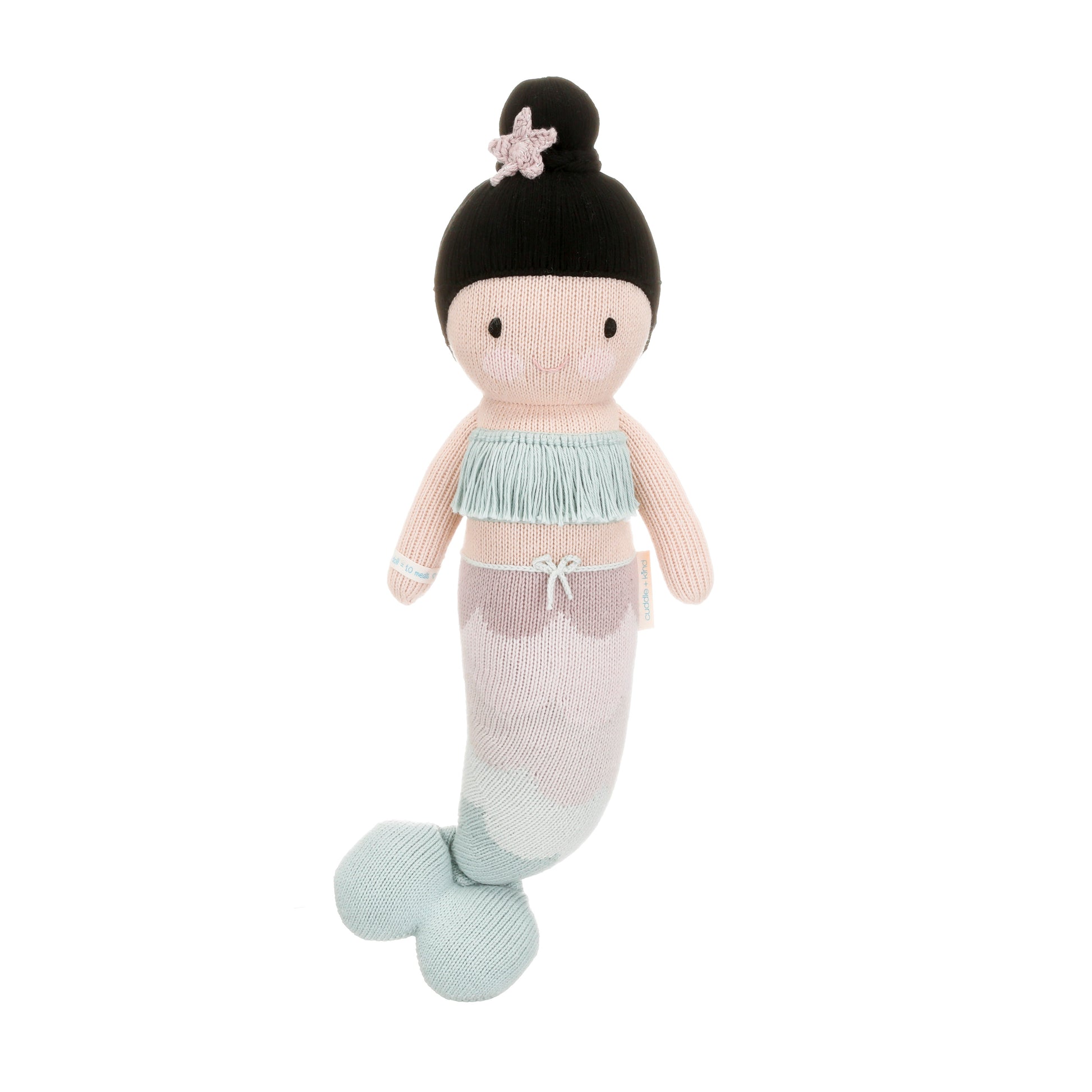 Luna the mermaid shown from 360°. Luna has black hair in a bun, with a star ornament on top. She has a fringe, mint top, and the scales on her tail are pink, purple and mint.