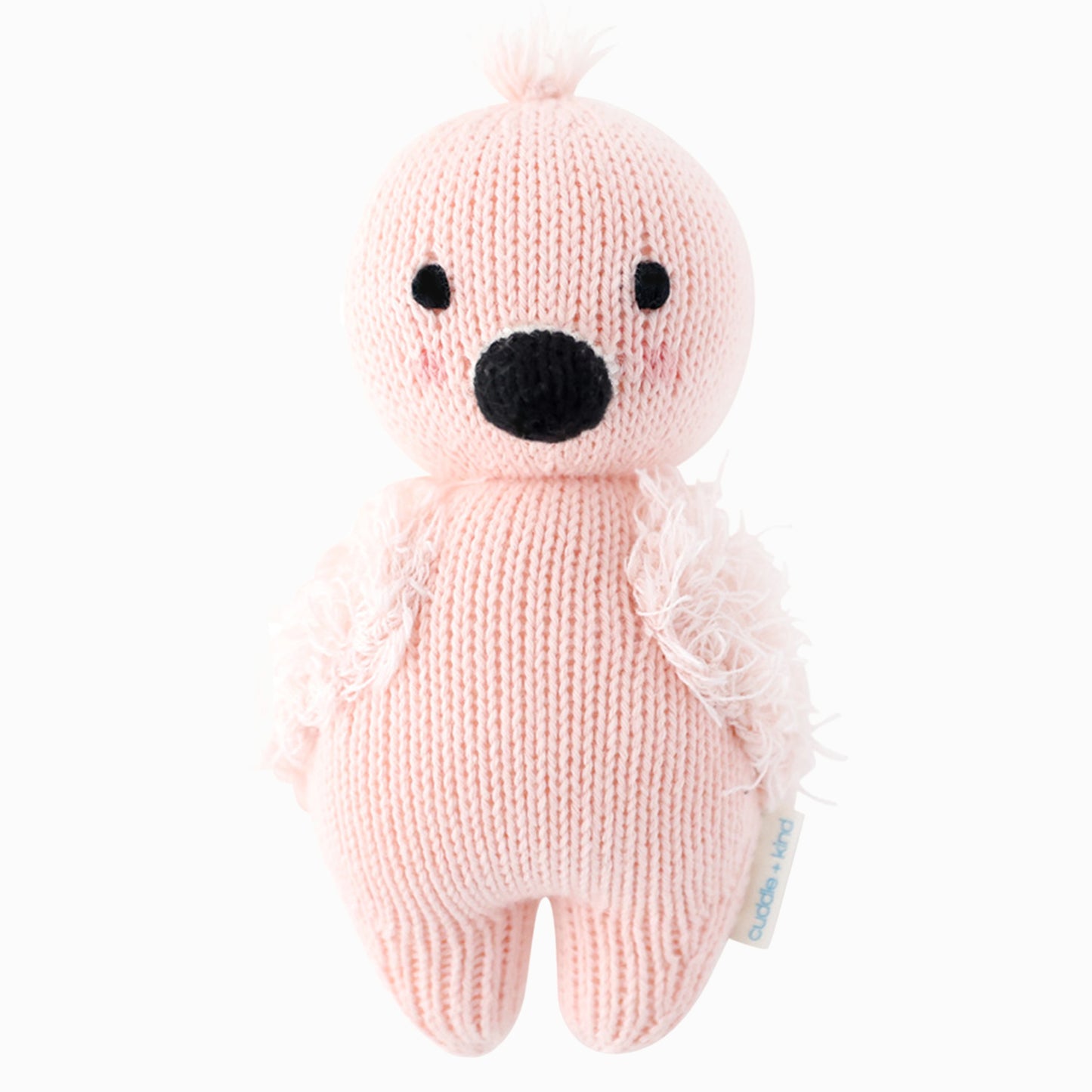 A cuddle and kind doll from the baby animal collection, baby flamingo, shown from the front. Baby flamingo is pink, with fluffy wings and a tuft of feathers on its head.