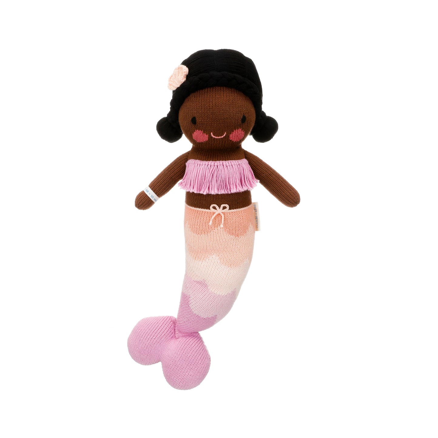 Maya the mermaid shown from 360°. Maya has black hair with a pink shell on her head. She has a fringe, purple top, and the scales on her tail are purple, pink, peach and cream.