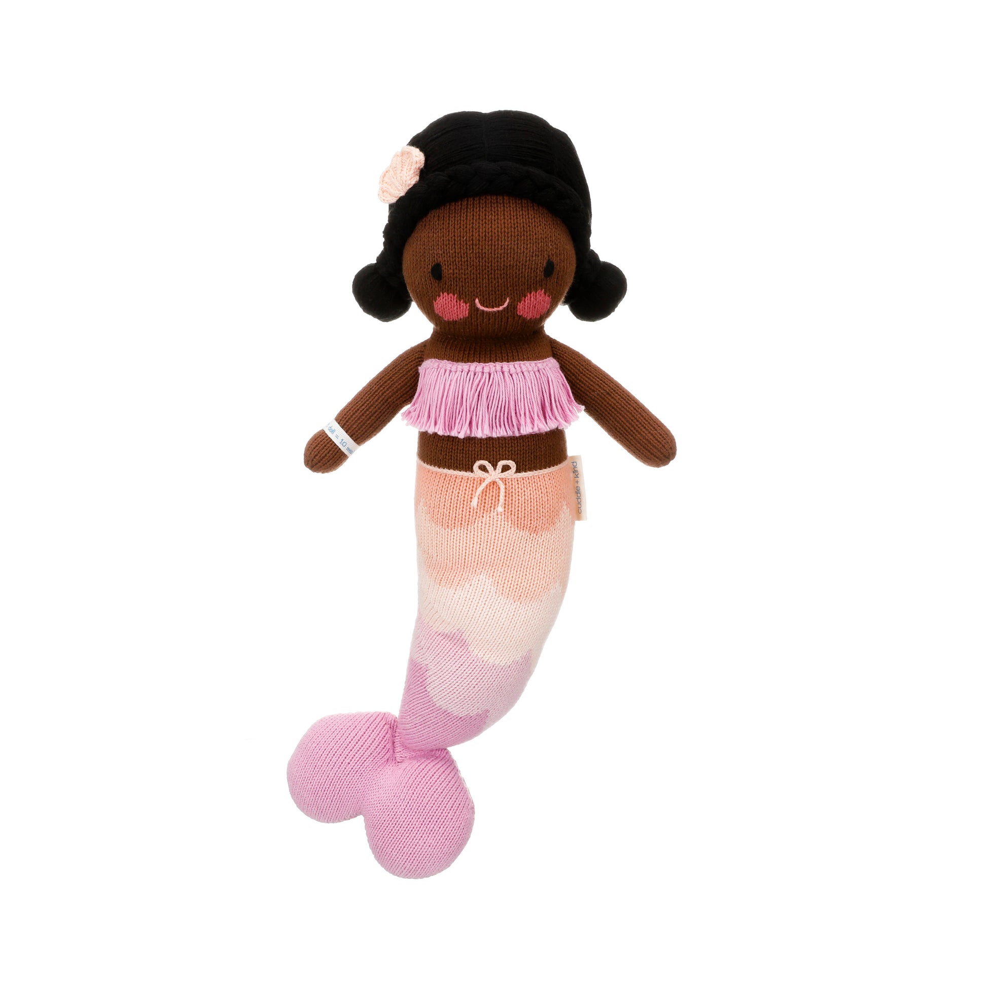 Maya the mermaid shown from 360°. Maya has black hair with a pink shell on her head. She has a fringe, purple top, and the scales on her tail are purple, pink, peach and cream.