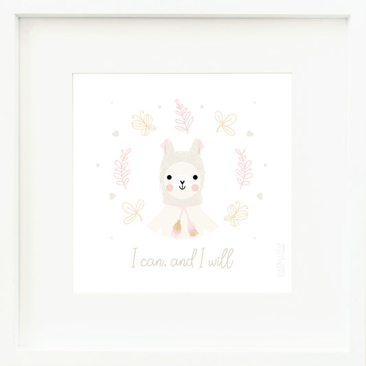 An inspirational print with a graphic of Lola the llama on a white background with leaf and butterfly drawings and the words “I can, and I will” in brown-gray.